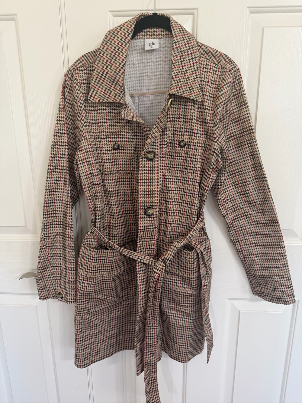 CAbi Sherlock Jacket - Houndstooth Belted Trench Coat in Red, Brown & Cream